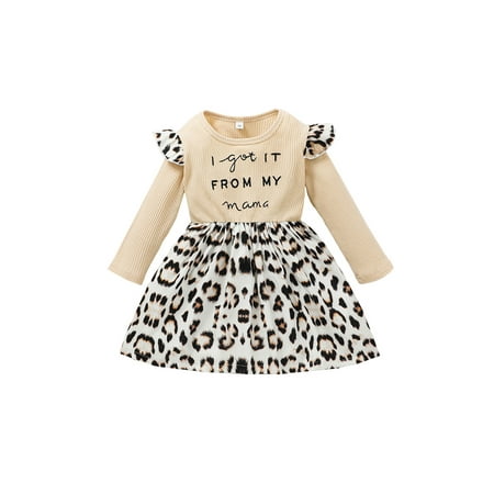 

LSFYSZD Little Girl’s Casual Long Sleeve Dress Fashion Letter Print Leopard Stitching Round Neck A-line Dress