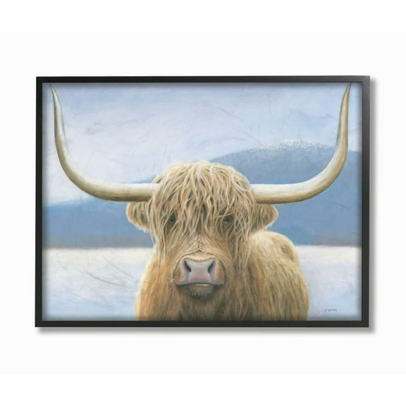 Stupell Industries Landscape Mountain Large Cow Animal Blue Pastel Painting Framed Giclee Texturized Art by James Wiens