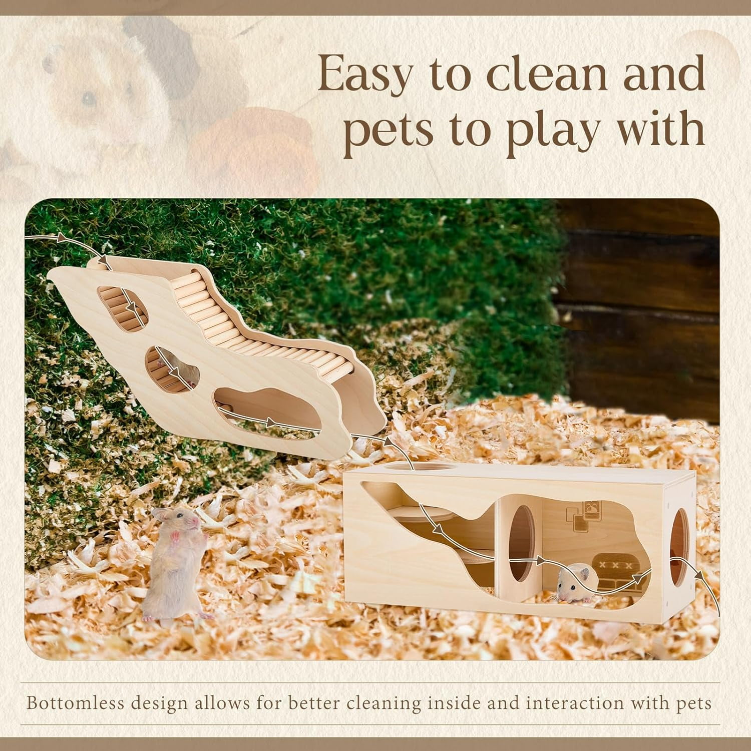 2 Pcs Hamster Hideout Set House and Tunnel, Exploring Tunnel with Climbing Ladder, Secret Observe Shed for Syrian Hamsters, Gerbils, Hedgehogs, Rats, Mice, Small Animals Pets Toys