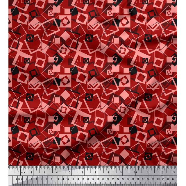 Soimoi Satin Silk Fabric Square Geometric Print Fabric by The Yard 42 Inch Wide
