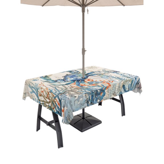 Outdoor Tablecloth with Umbrella Hole, Coastal Crab Spillproof Waterproof Outdoor Table Cover, Vintage Summer Beach Coral Ocean Patio Tablecloths for Party Picnic Camping, Rectangle 60"x120"