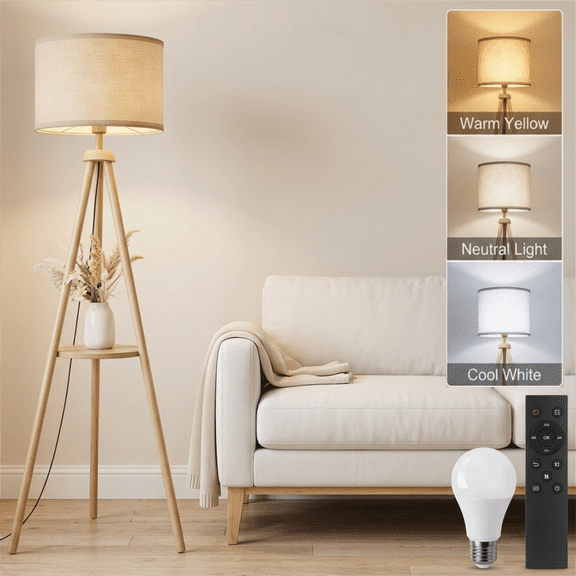 DAYBETTER Floor Lamp for Living Room, 60'' Wood Tripod Floor Lamp with Shelves, 3 Color Temperature, Dimmable, Remote Control Standing Lamp for Living Room, Bedroom, Office, LED Bulbs Included
