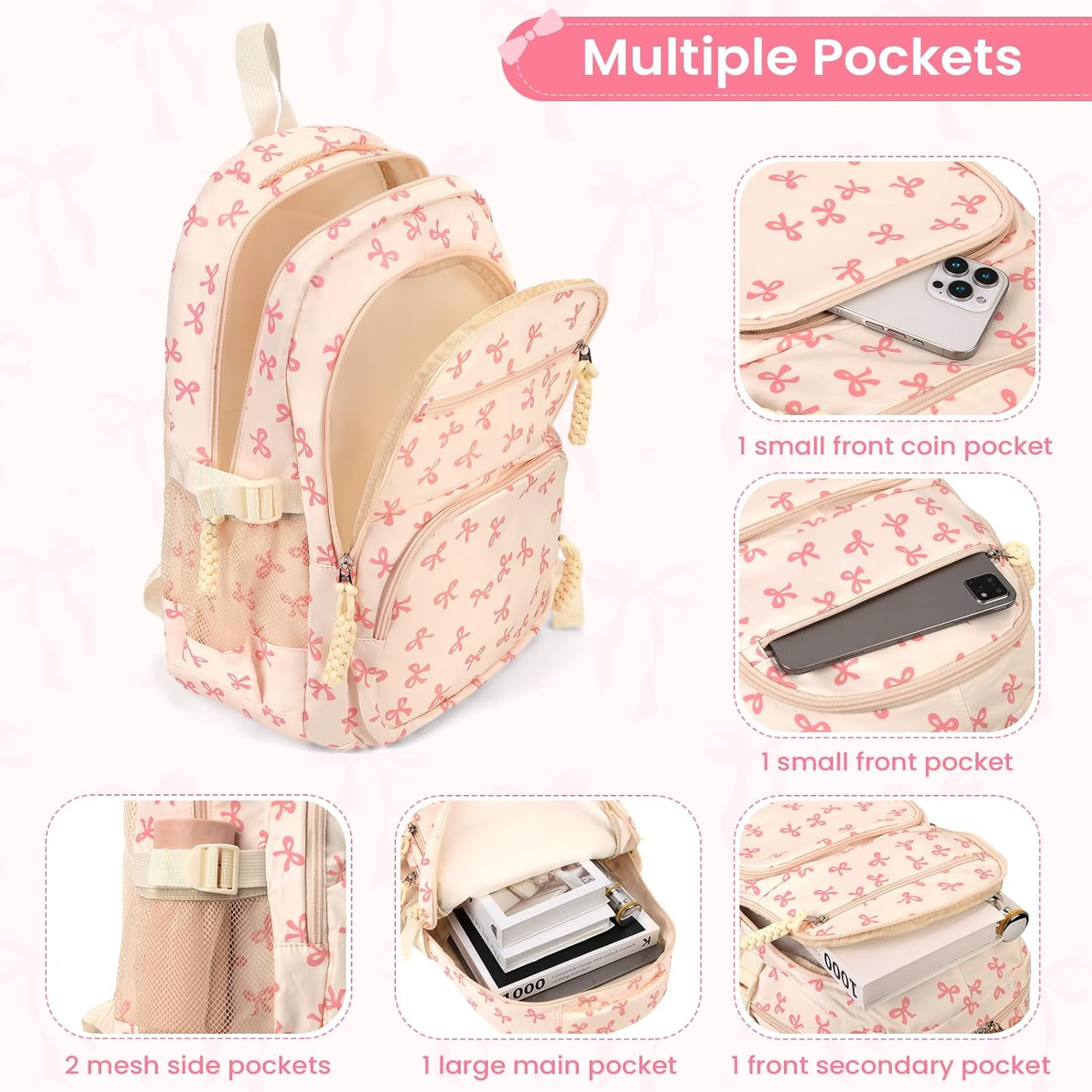 Lohol Coquette Aesthetic Backpack - Cute Kawaii Bow Rucksack for Women, Trendy & Lightweight Nylon Daypack (A01 Bow Pink)