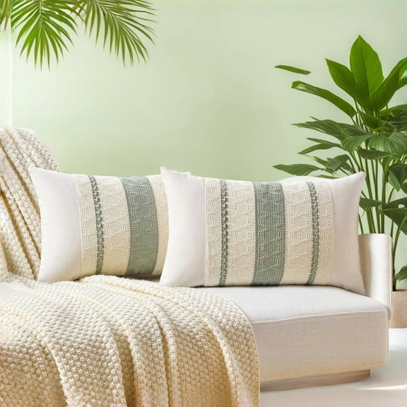 Set of 2 Sage Green Boho Lumbar Decorative Throw Pillow Covers 12x20 Inch for Living Room Bedroom Couch Bed Chair, Rustic Retro Cushion Case, Bohemian Room Home Decor