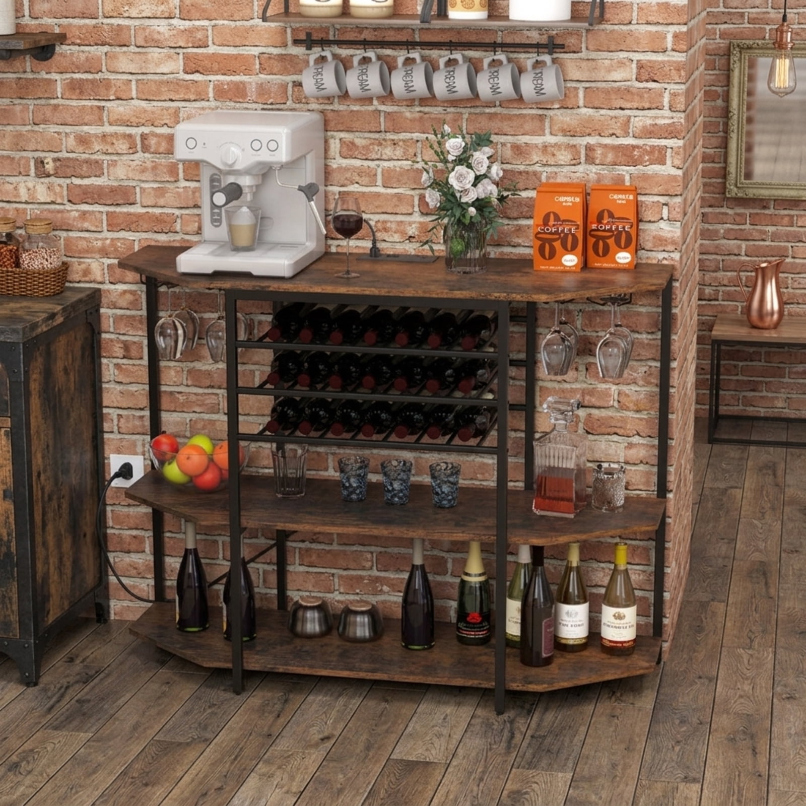 RUIE 3-Tier Wine Bar Cabinet with Storage Shelves, Coffee Bar Buffet Sideboard with Charging Station and Wine Rack for 21 Bottles, Brown