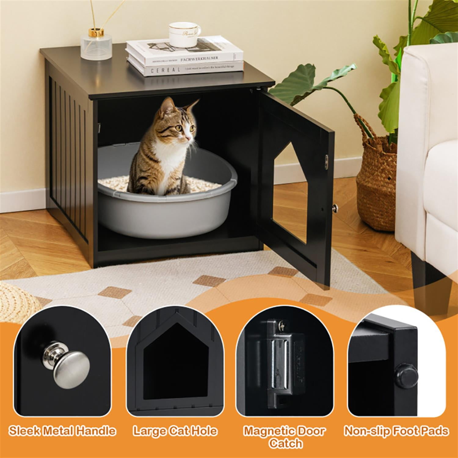 Kadyn Cat Litter Box Enclosure Furniture, Hidden Litter Box for Cats, Cat House Furniture for Side Table or Nightstand, Black