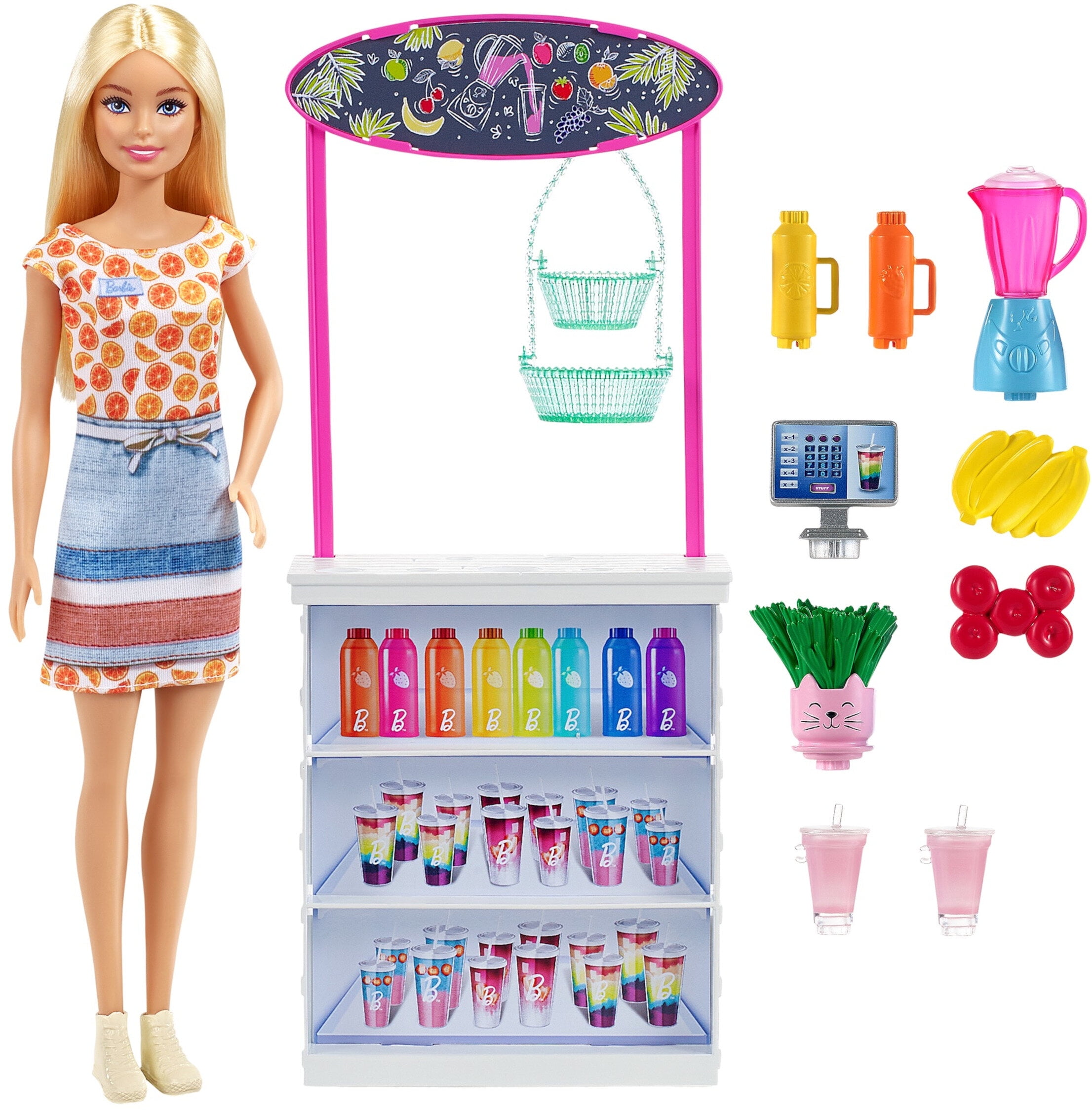 Barbie Smoothie Bar Playset, Blonde Barbie Doll, Smoothie Bar & 10 Accessories for Kids 3 to 7 Years Old