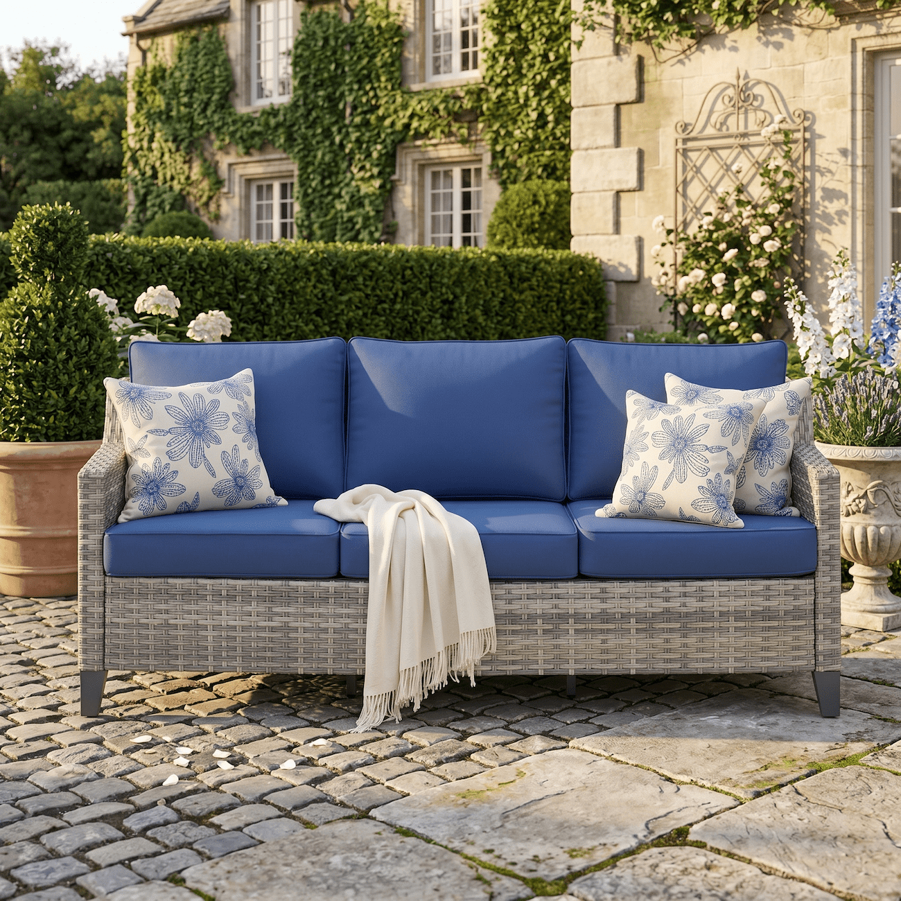 Outdoor Patio Sofa 3 Seat, 73” Wicker Rattan Couch with Cushions, All Weather PE Rattan Outdoor Sofa, Sloped Armrest, Steel Frame, UV Water Resistant Patio Furniture for Balcony Porch Backyard