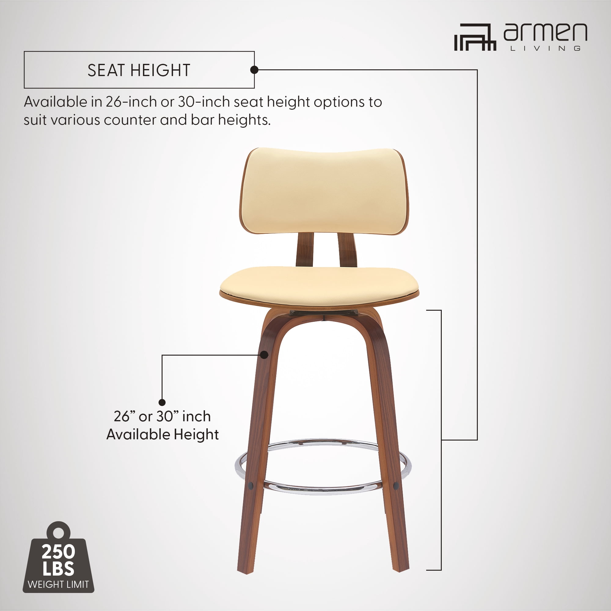 Pico 30" Swivel Walnut Wood Bar Stool in Cream Faux Leather with Chrome