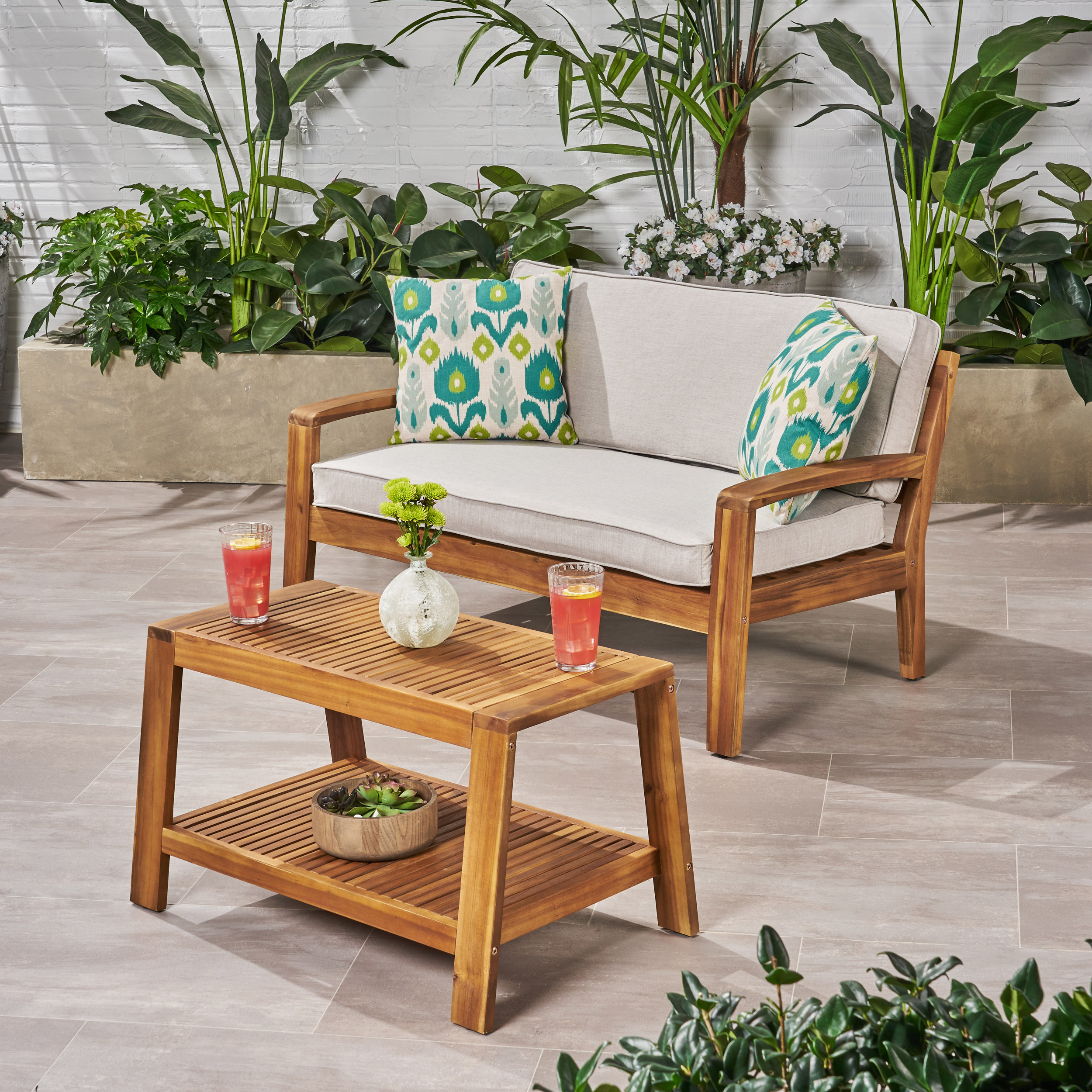 Wilcox Outdoor Acacia Wood Loveseat and Coffee Table Set with Cushions