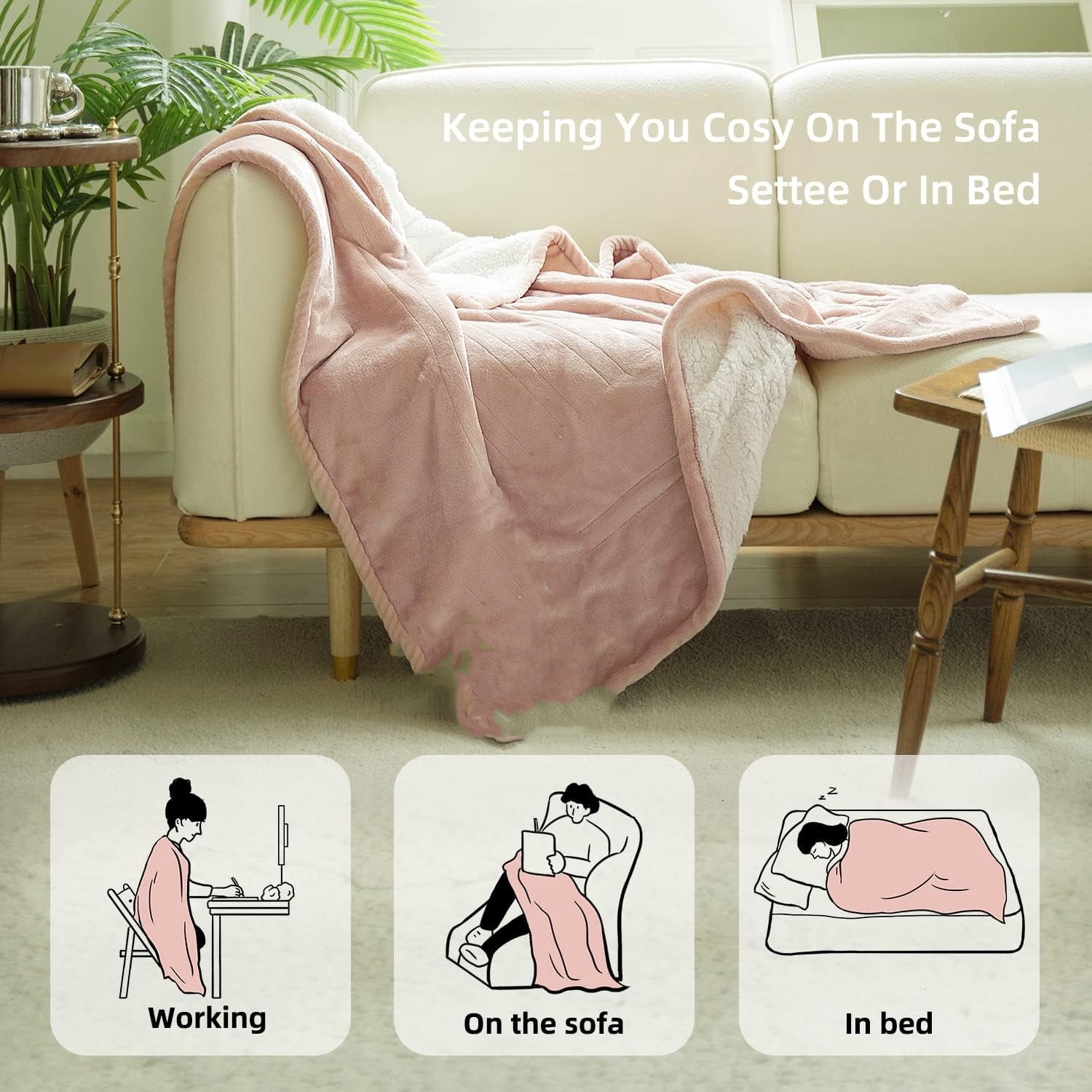 Heated Blanket Electric Throw 50''X60''- Soft Silky P Electric Blanket with 4 Heating Level & 3 Hour Auto Off Heating Blanket, Machine Washable (Rose Dust)
