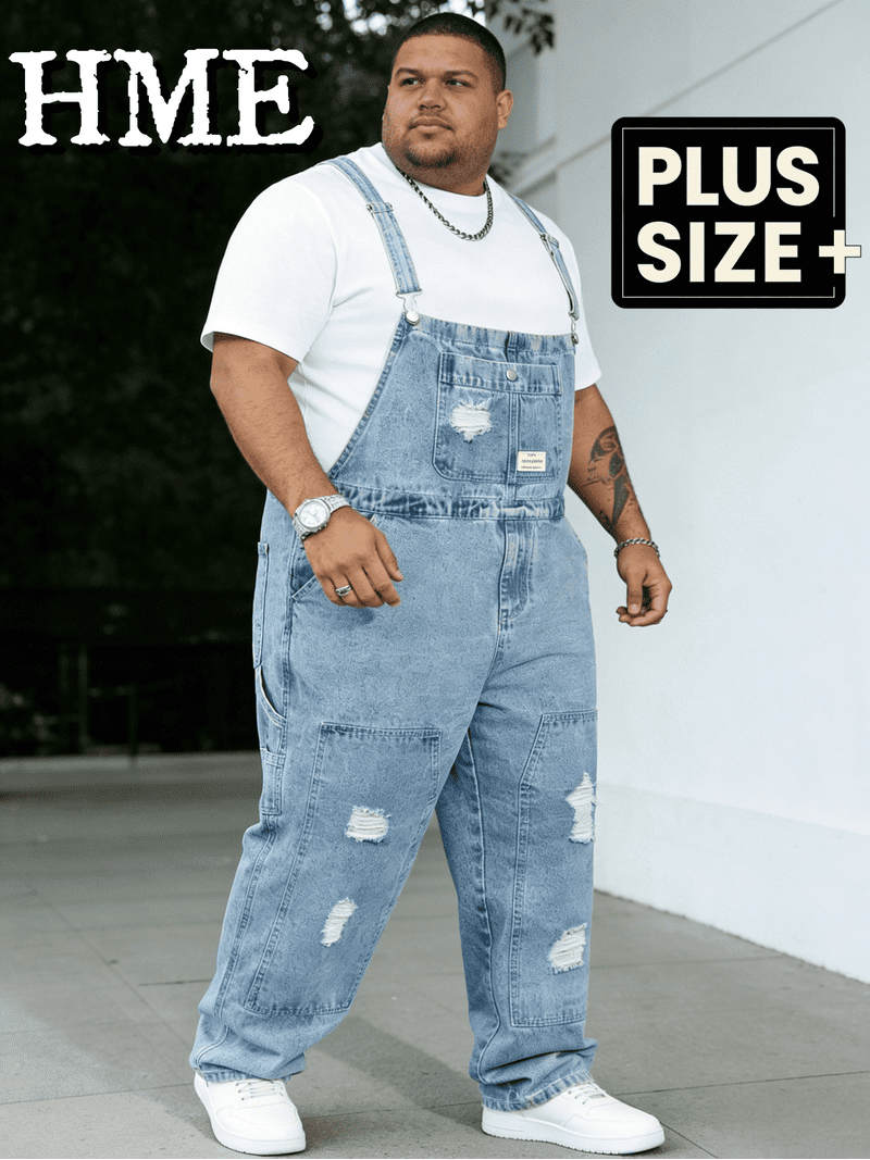 Men's Plus Size Distressed Ripped Light Wash Denim Bib Overalls