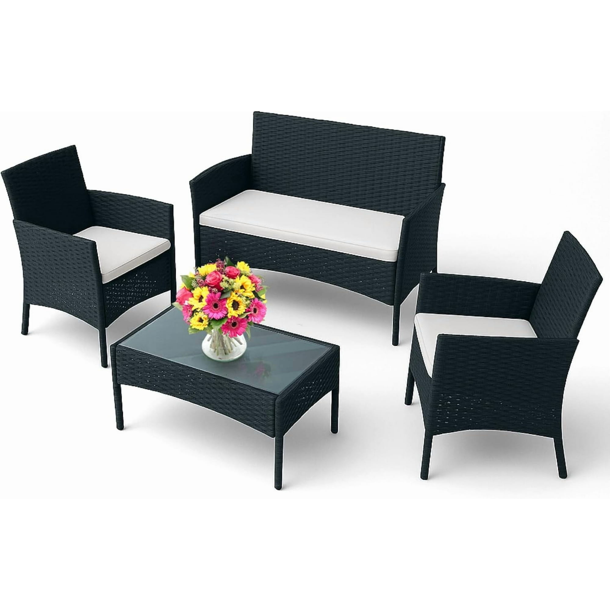 EconoHome 4-Piece Outdoor Patio Furniture Set - Patio Set with 2 Rattan Chairs, 1 Loveseat & 1 Glass -Top Coffee Table - Weather-Proof Wicker with Cushions - Conversation Set for Porch, Balcony, Lawn