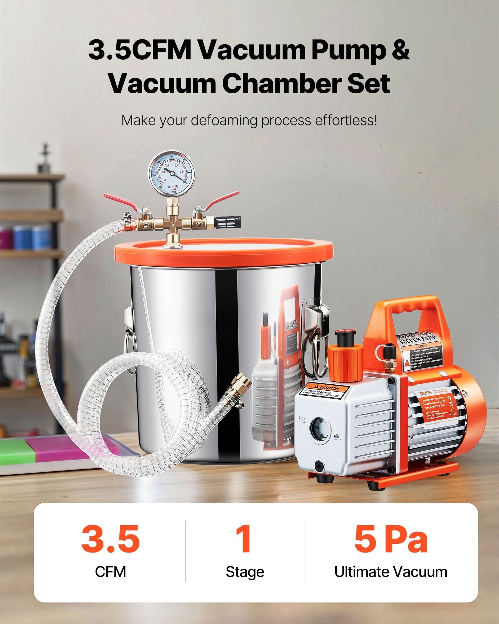 3.5CFM Single Stage Vacuum Pump and 3 Gal Chamber - for Degassing, Stabilizing, Mold Making, Infusion