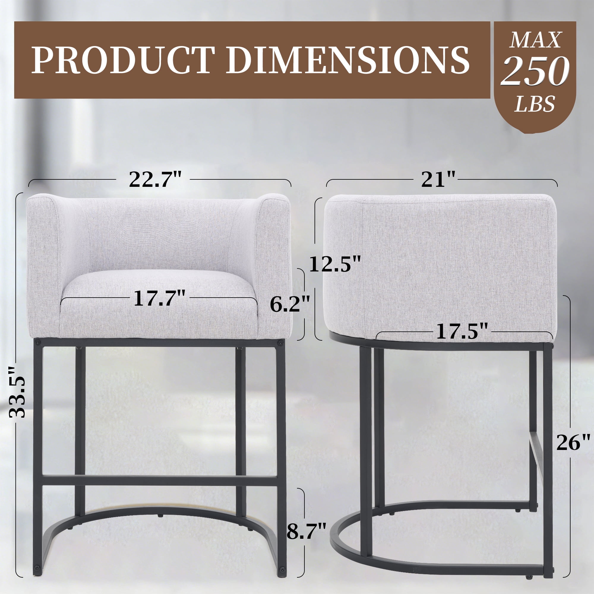ClinQ Counter Height Bar Stool Set of 4, 26 in Fabric Upholstered Seat, Metal Legs for Indoor Dining Room and Kitchen Island, Lightgrey