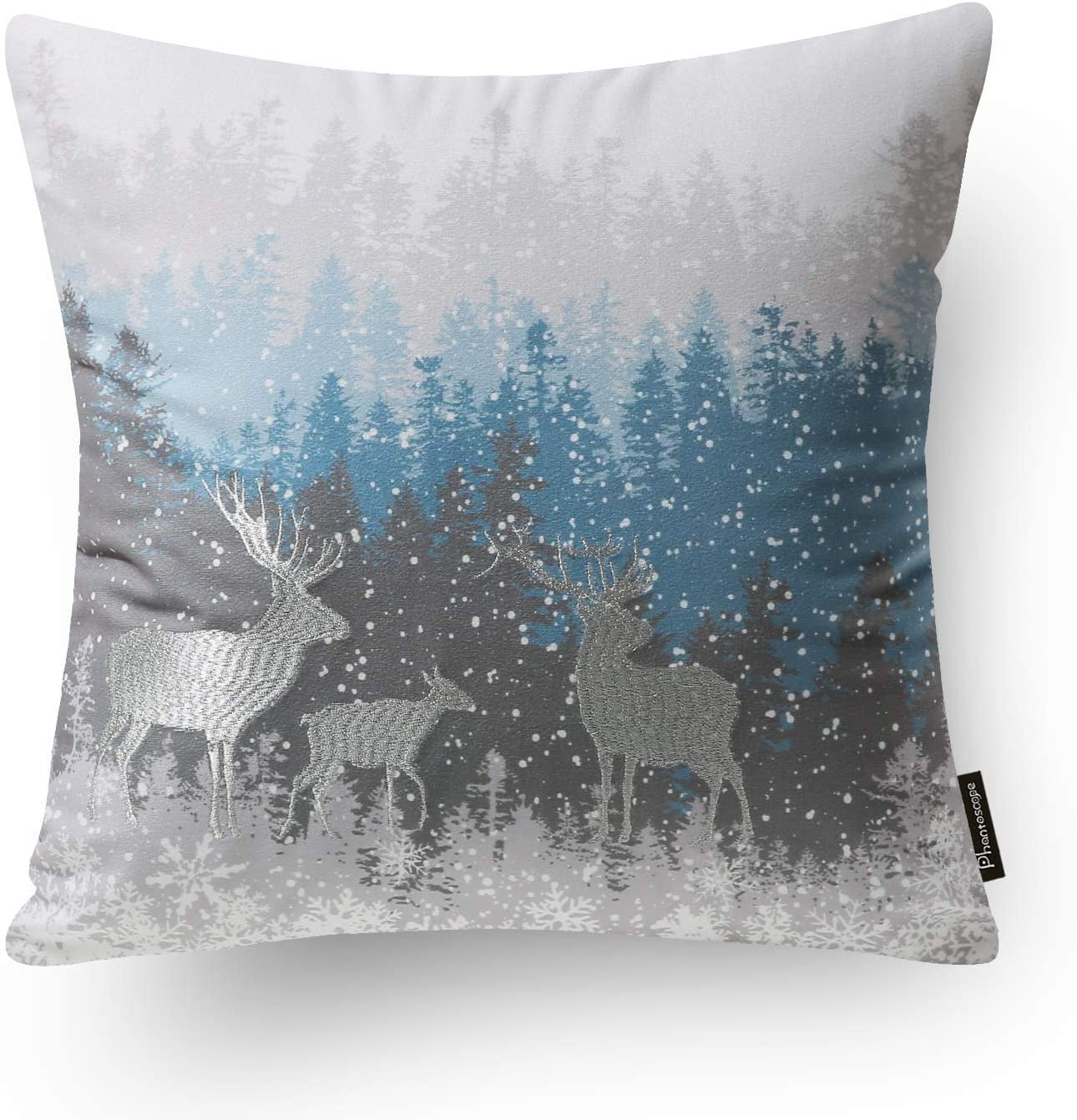 Phantoscope Merry Christmas Velvet Embroidered Decorative Throw Pillow, Blue and Gray, 18" x 18",Set of 4