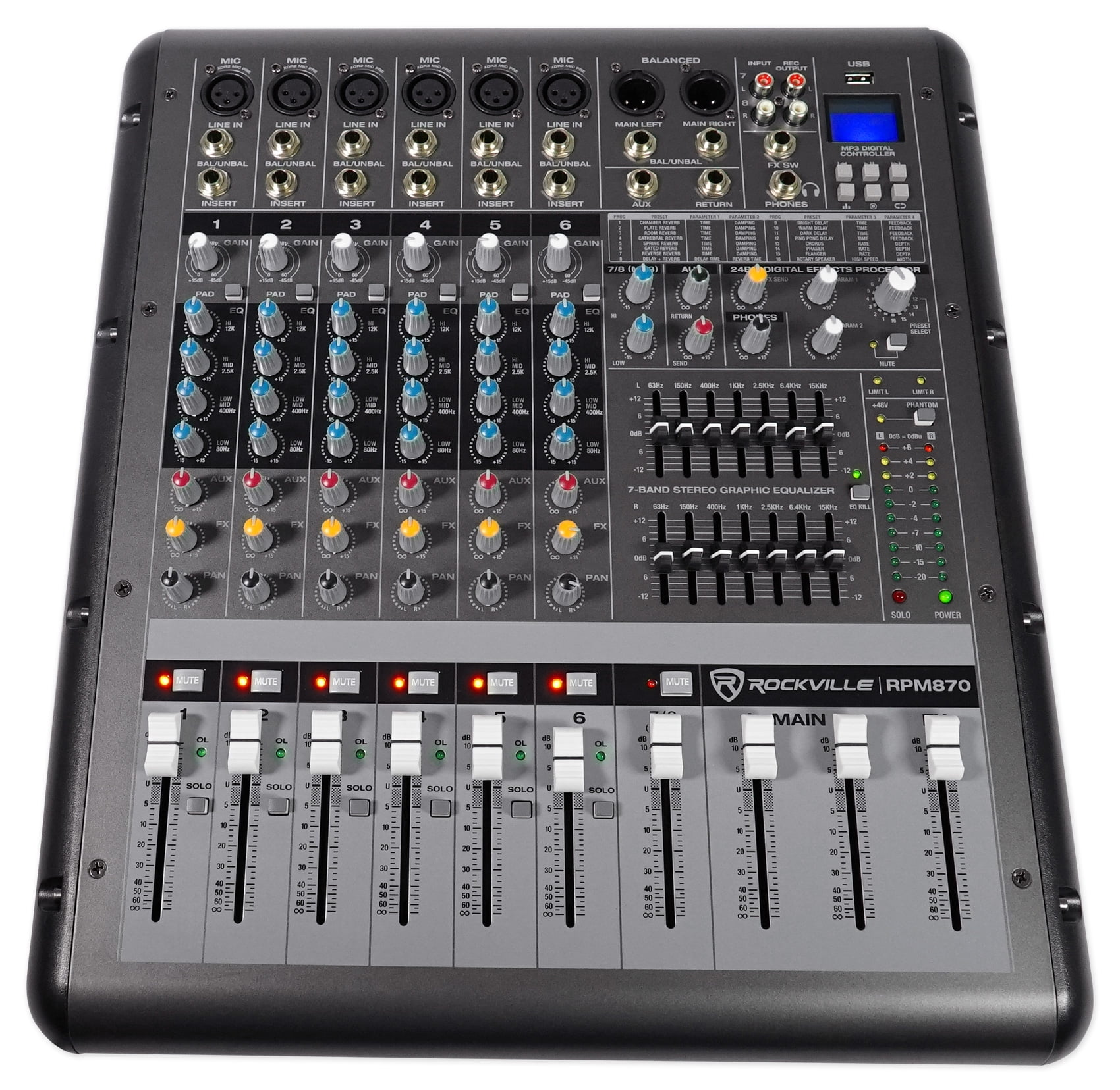 Rockville RPM870 8 Channel 6000w Powered Mixer, USB, Effects+3) Mics+Case+Cables