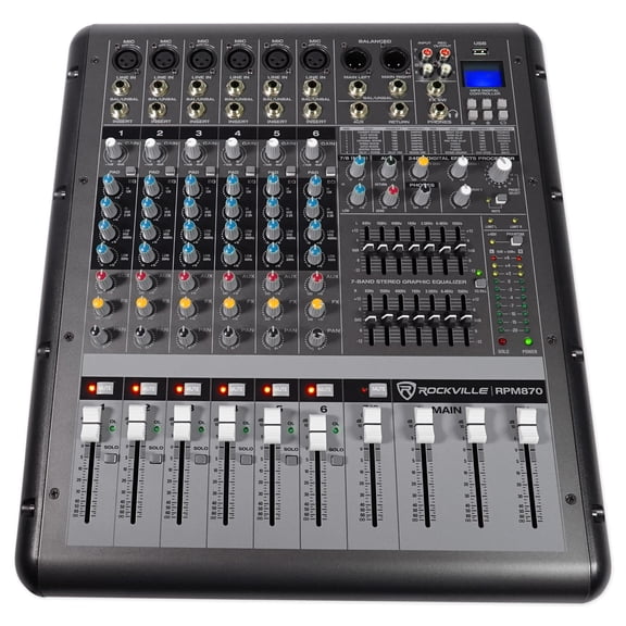 Rockville RPM870 6000w Powered Mixer, 8 Channel, 8 XDR2 Mic Pres, USB, 24-Bit Effects, Bluetooth, for Live Bands and DJs