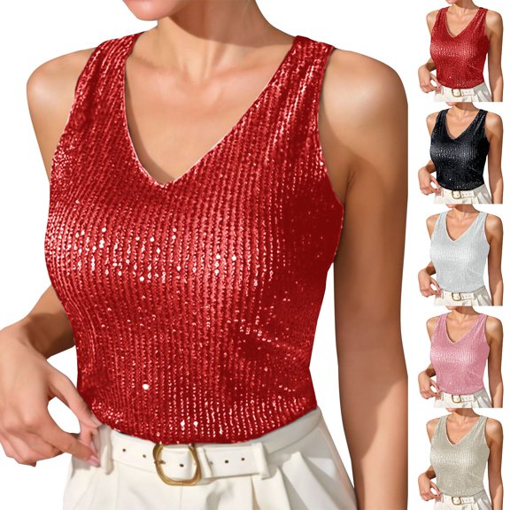 VJGBEGW Women V Neck Loose Sequin Tank Tops Sparkly Glitter Sleeveless Blouse Basic Cami Shirts Fashion Daily Party Club Nightout Lounge Tops Beige L