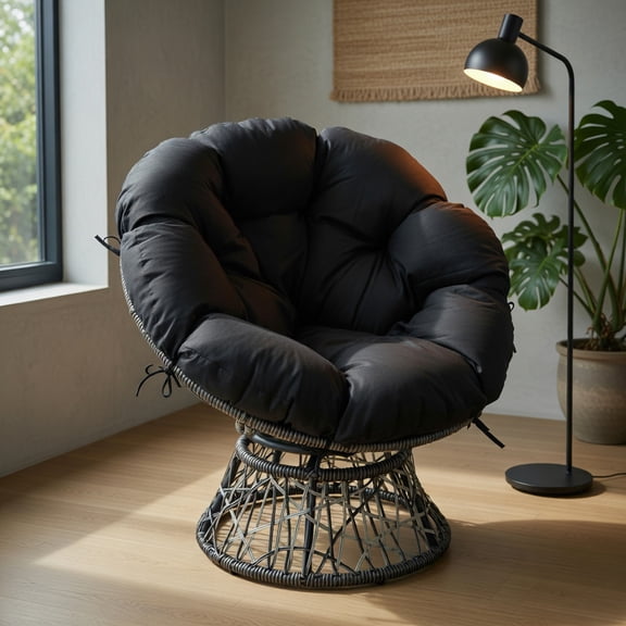 Barara King Patio Dining Chair,Outdoor Dining Room Chair,PE Wicker Papasan Chair with Thick and Removable Cushion-Black