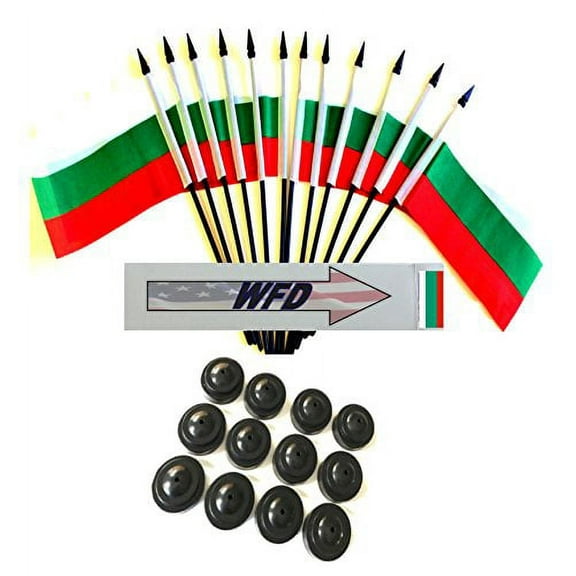 Pack of 12 4"x6" Bulgaria Polyester Miniature Office Desk & Little Table Flags, 1 Dozen 4"x 6" Bulgarian Small Mini Handheld Waving Stick Flags with 12 Flag Bases (Flags with Stands)