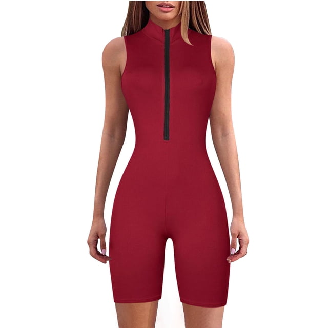 cfhntfmh Sleeveless Jumpsuits for Women Slim Stand Collared Athletic Rompers Fashion Zipped Workout Running Short Outfits