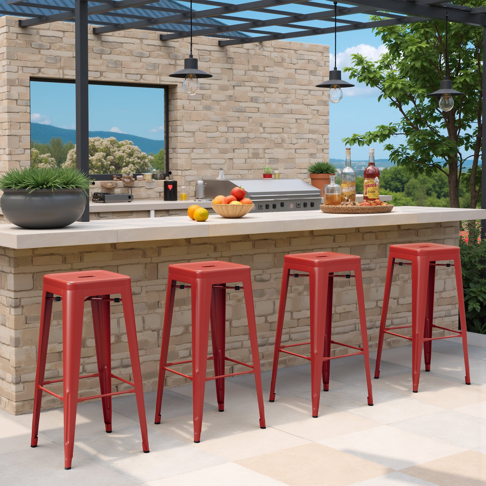 VINEEGO 30 inches Metal Bar Stools High Backless Stackable Stools Indoor-Outdoor Counter Stools Set of 4 (Red)