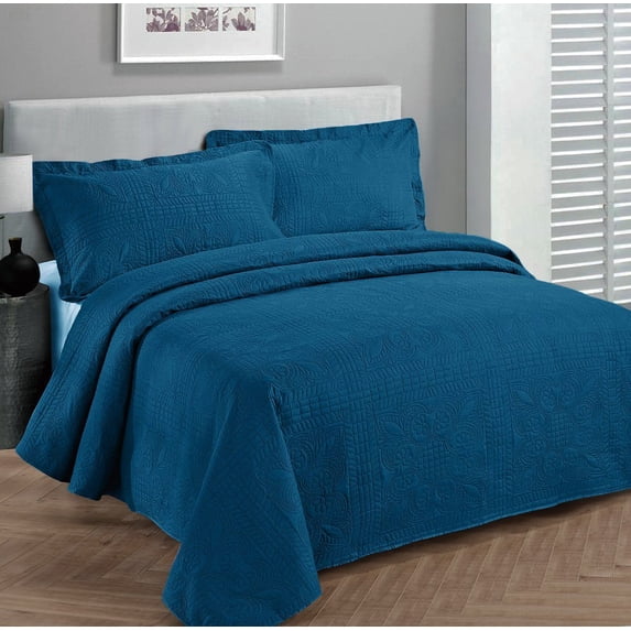 Fancy collection 3pc Bed Spread Embossed Bedsocover Solid Over size Full/Queen Blue New