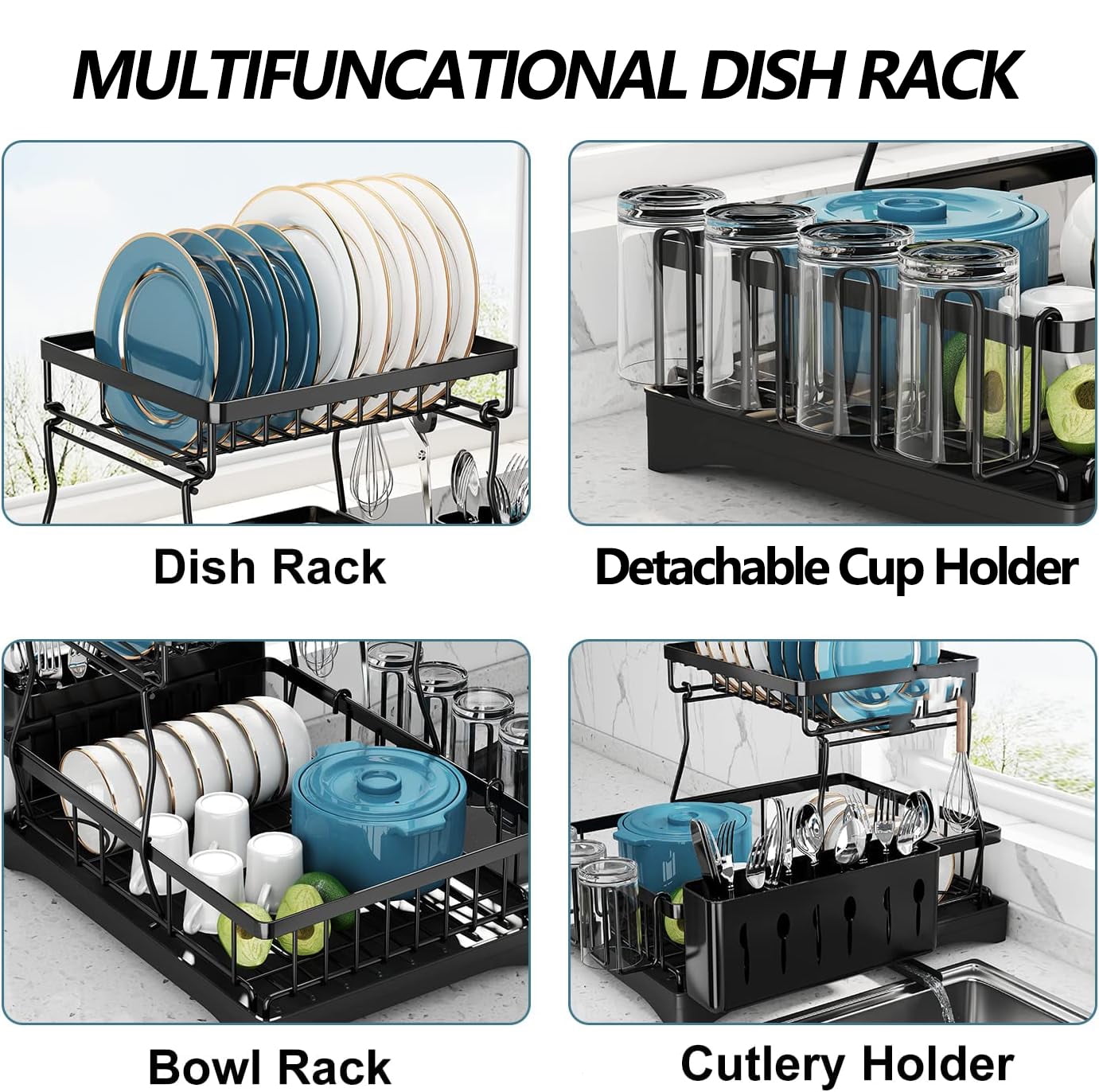 PHANCIR Dish Drying Rack for Kitchen, 2 Tier Stainless Steel Dish Racks Sink Organizer with Cutlery Holder, Space-Saving for Home, Black
