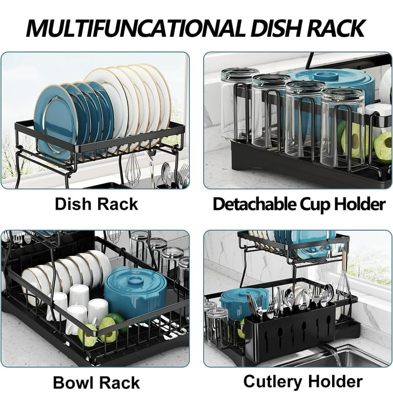 2 Tier Dish Drying Rack Multifunctional Dish Rack for Kitchen Counter,  Stainless Steel Large Capacity Dish Drainer with Drainboard, Utensil  Holder