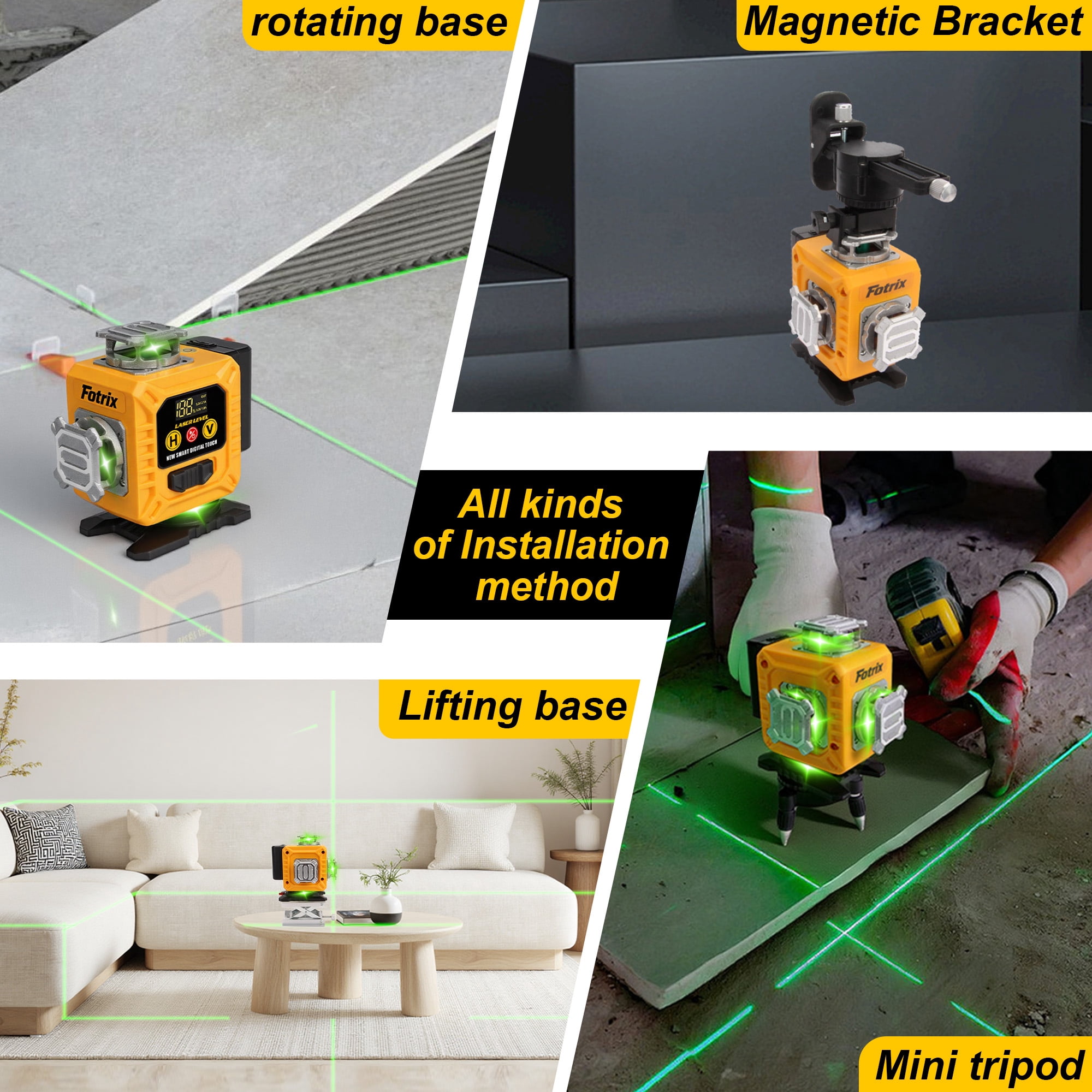 Fotirx Professional grade 16-wire 4D green laser level, 4 x 360° Green Laser Coverage, Bright Green Laser with High Accuracy, Self-Leveling & Pulse Mode, Dual 2000mAh Rechargeable Batteries