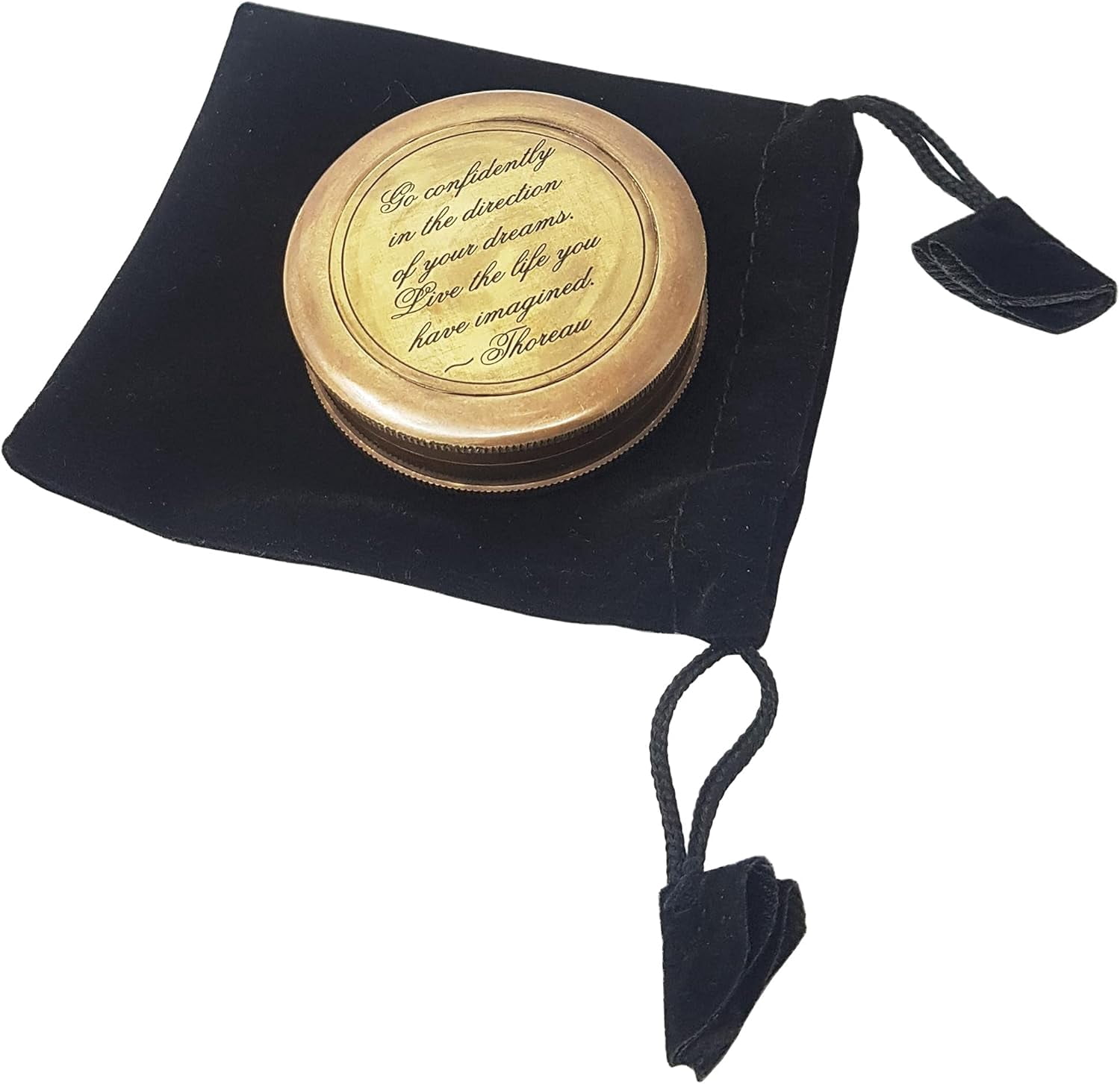 Brass Compass in Antique Finish, with HD Thoreau's Motivational Quote Go Confidently in The Direction with Case