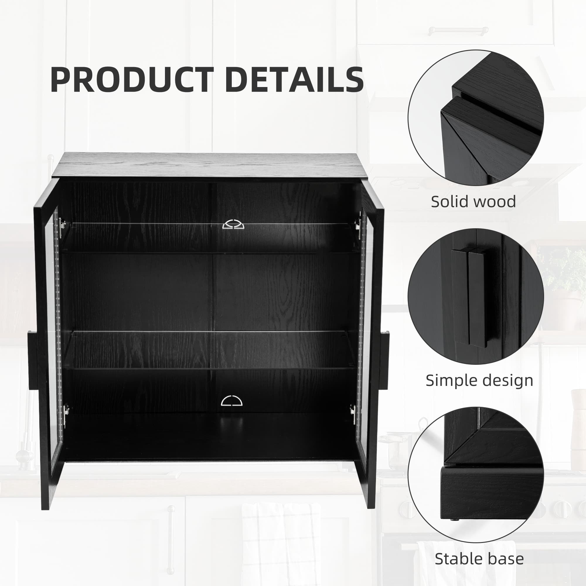 MAYEERTY Curio Display Cabinet with Glass Doors, DIY Combination Storage Cabinets with Adjustable Shelves for Living Room, Black