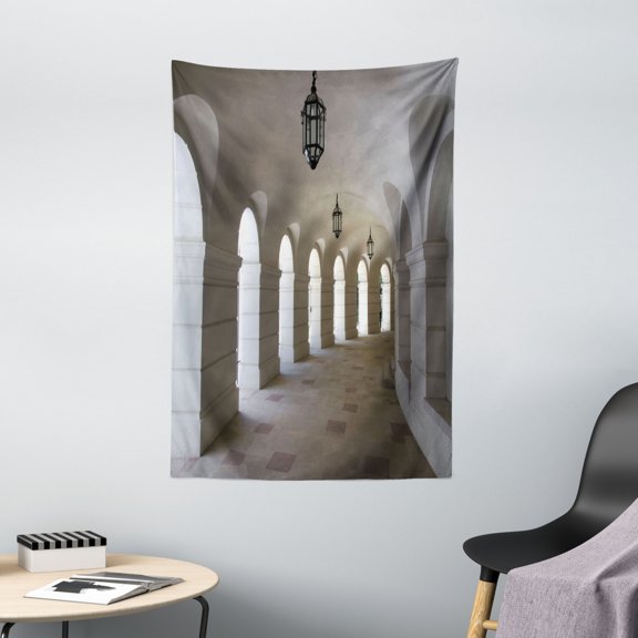 Medieval Tapestry, Medieval Buildings Corridor with Arches and Lanterns Architectural Classical Artwork, Wall Hanging for Bedroom Living Room Dorm Decor, White, by Ambesonne