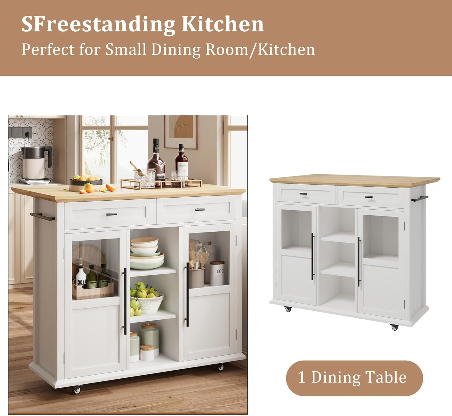 Rolling Kitchen Island Cart with Storage, Foldable Drop Leaf Top, 2 Glass-Door Cabinets, 2 Large Drawers, Spice Rack & Towel Bar, Mobile Kitchen Cart on Lockable Wheels, White