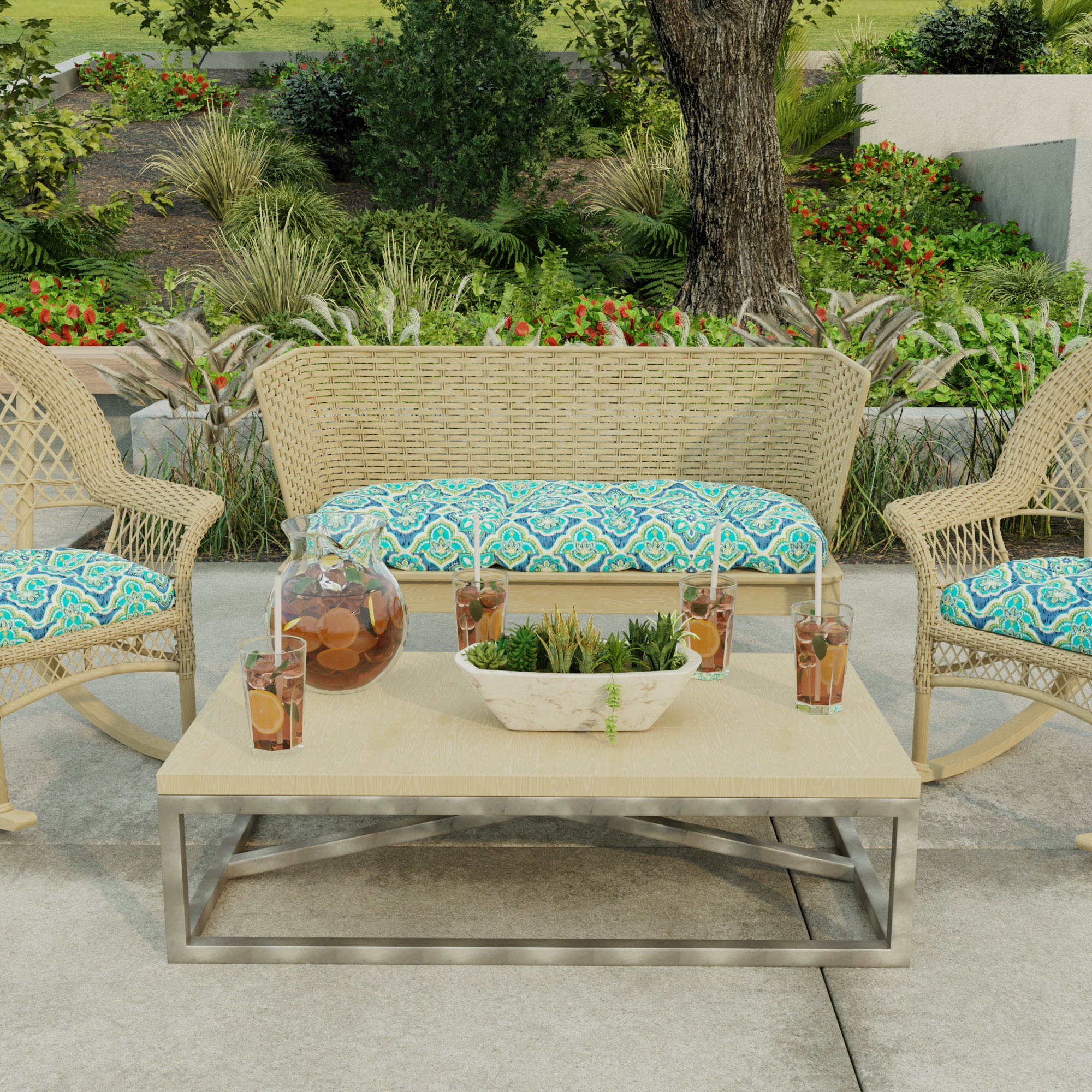 Jordan Manufacturing 44" x 18" Adonis Capri Teal Geometric Rectangular Tufted Contoured Outdoor Wicker Settee Bench Cushion