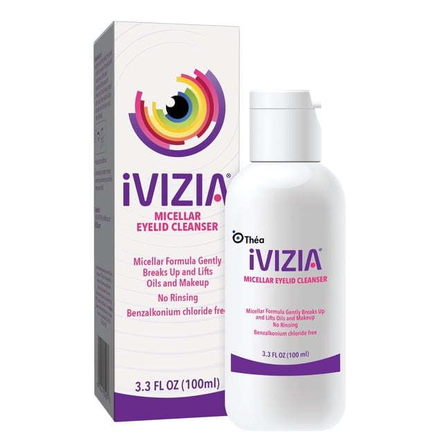 iVIZIA Limpiador micelar de párpados para limpieza de párpados sensibles, sin conservantes BAK, sin enjuague, elimina suavemente el maquillaje, botella de 3.4 onzas lí