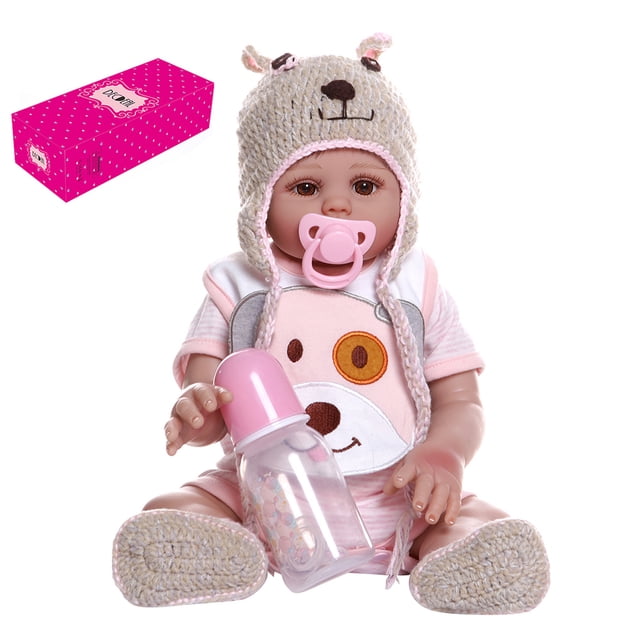 Muñeca Reborn Decdeal Reborn Baby Doll de silicona de cuerpo completo de 19 pulgadas, realistas, lindas muñecas de baño, muñecas pequeñas para acompañar, encantador traje de perrito rosa con sombrero, Decdeal Muñeca Reborn