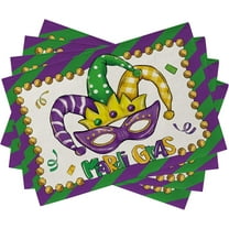 Mardi Gras Jester Mask Placemats Set of 4, Purple Green Stripes Yellow Beads New Orleans Carnival Dining Table Place Mats, Masquerade Holiday Party Kitchen Decor Home Decoration 12 x 18 Inch
