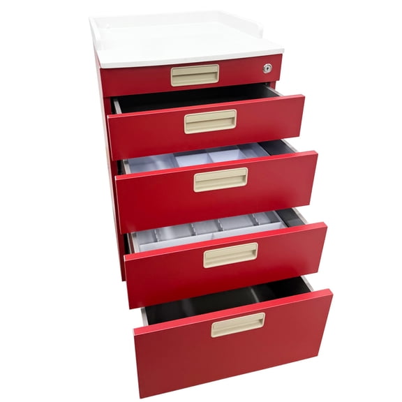 4-Drawer Mobile Dental Storage Cabinet Stainless Steel Storage Cart with 2 ABS Trays Red