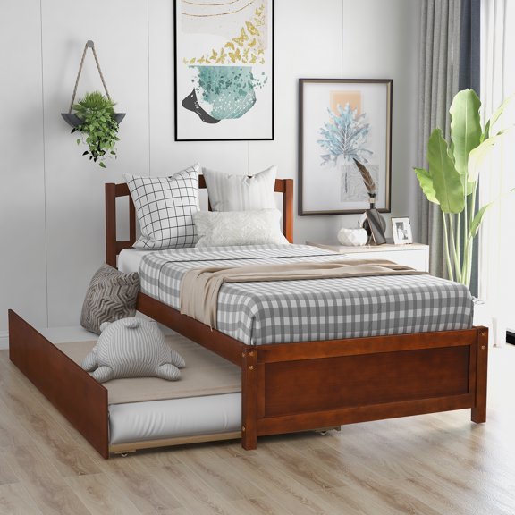 Holaki Twin Size Wood Bed with Trundle and Slatted Headboard for Kids, Walnut