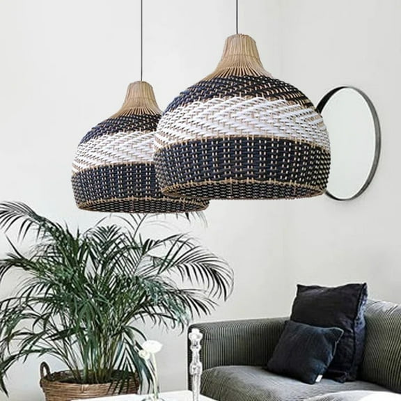 LittleGlovo Japanese Hand-wove Rattan Pendant Light with Black and White Splicing Color for Living Room