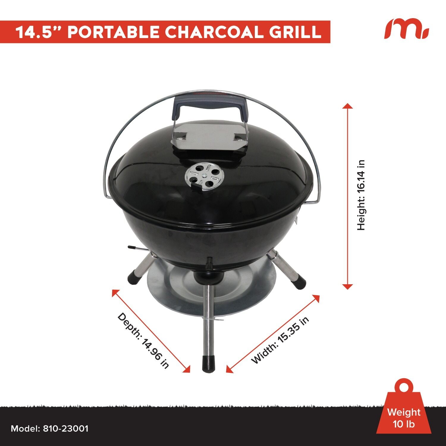 Megamaster – 14.5" Portable Charcoal Barbecue Grill with Adjustable Air Vent, 141 SQ. In Cooking Area, Table Top Grill for Camping, Outdoor Cooking, Patios, and More - 810-23001