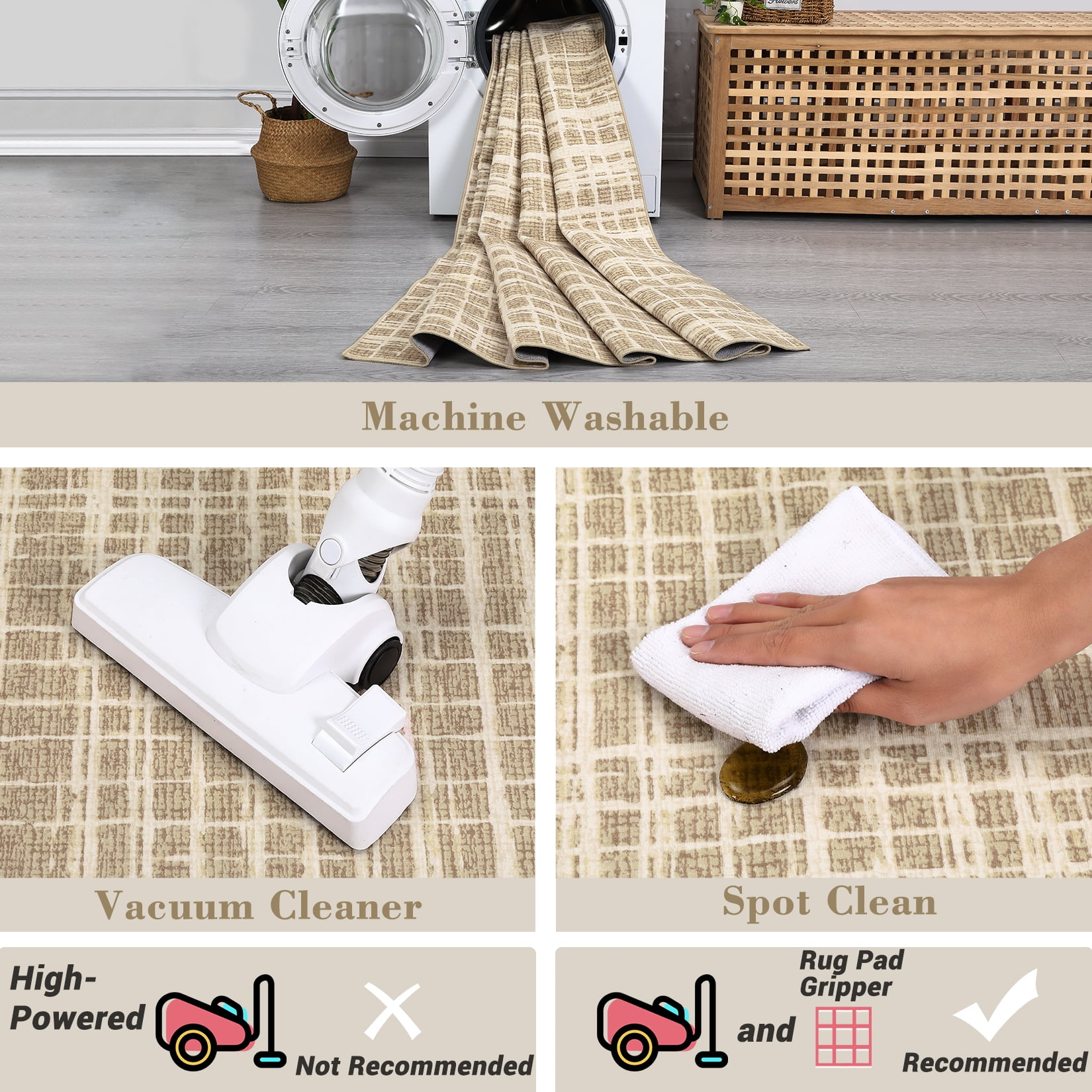 Hasoo Washable Large 10' x 13' Geometric Grid Area Rug for Living Room Soft Indoor Carpet, Camel