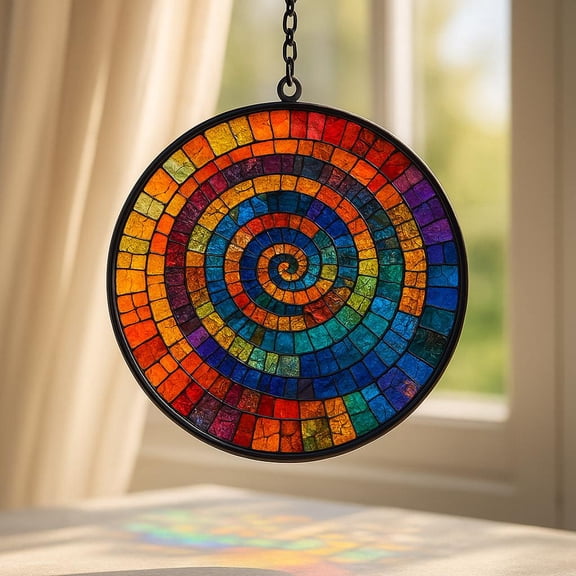 Rainbow Spiral Acrylic Suncatcher, Faux Stained Glass Sun Catcher, Colorful Window Decor, Trippy Mandala Ornament, Round Mosaic Design