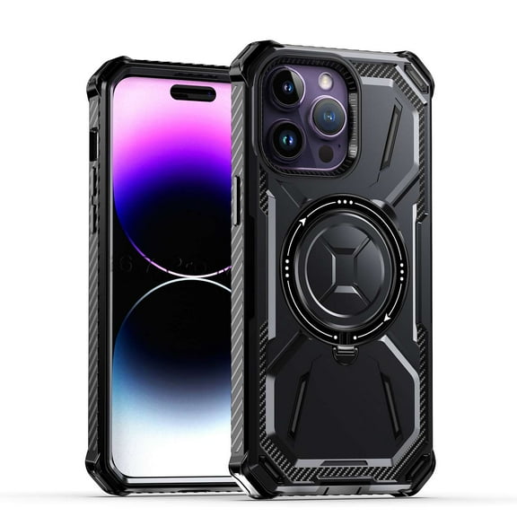 Bemz Rugged Protector Case for iPhone 15 Pro - Heavy Duty Reinforced Durable Corners Magnetic Ring Charger Kickstand Back Cover (Black)