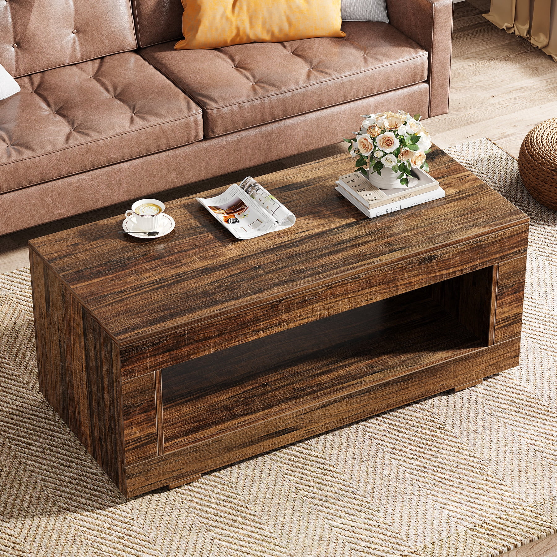 Tribesigns Coffee Table for Living Room, 43.3" Modern Farmhouse Coffee Table with Storage, 2-Tier Wood Rectangular Center Table Cocktail Living Room Table with Sturdy Base, Rustic Brown