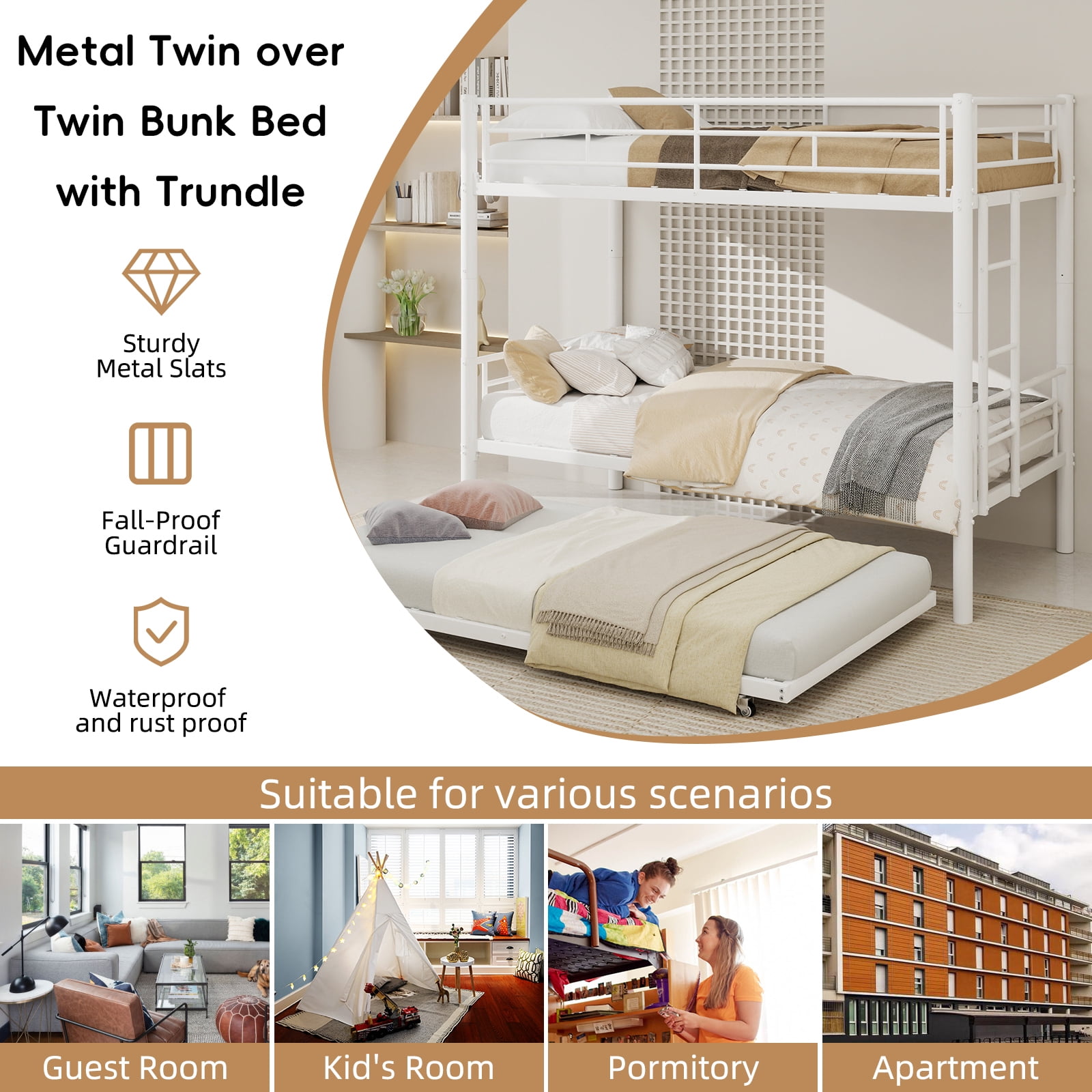 Alvantor Twin Bunk Bed with Trundle for Kids and Teens, Heavy Duty Metal Bed Frame, Triple Bunk Bed with Safety Rail Side White