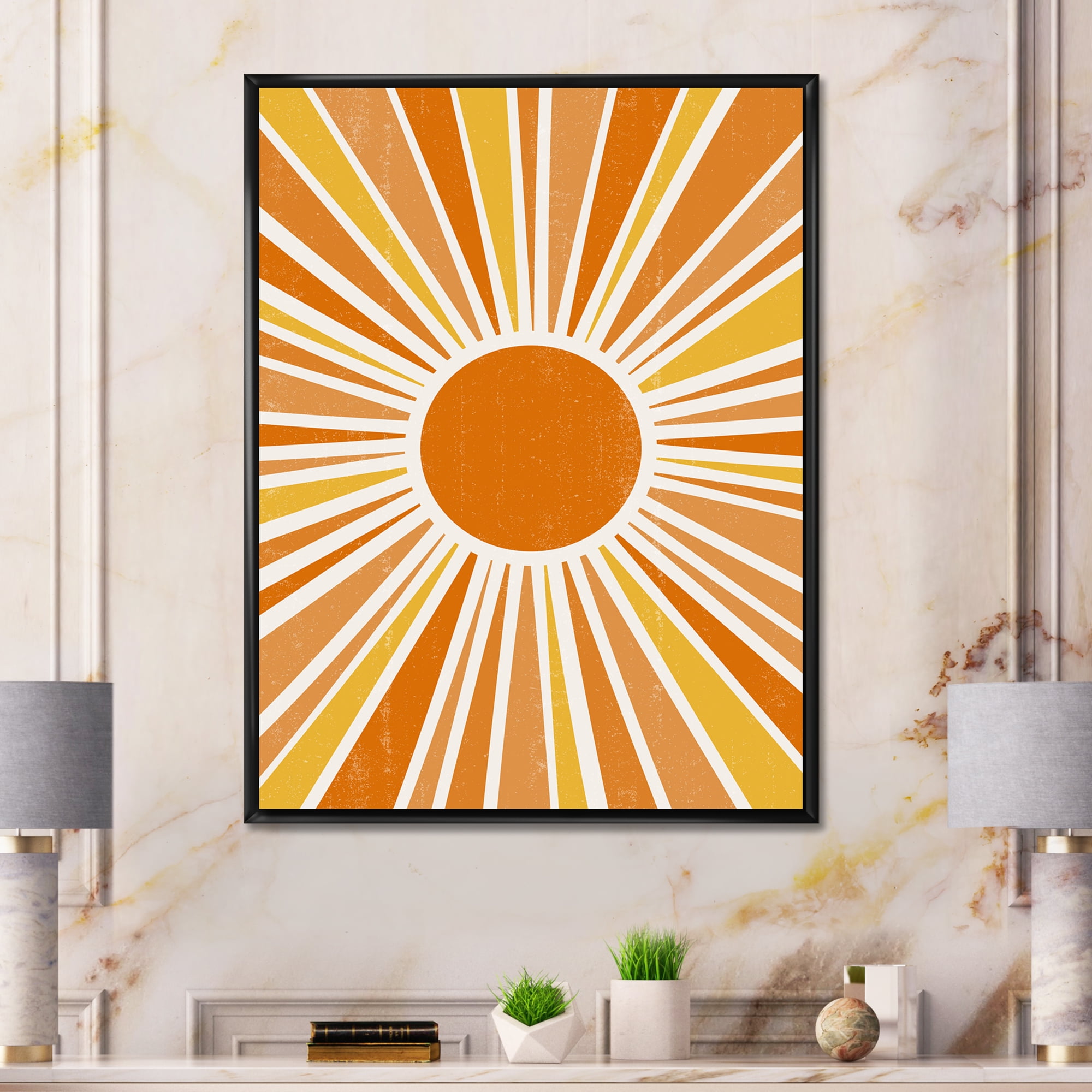 Designart 'Minimal Bright Shining Orange Sun Rays I' Modern Framed Canvas Wall Art Print