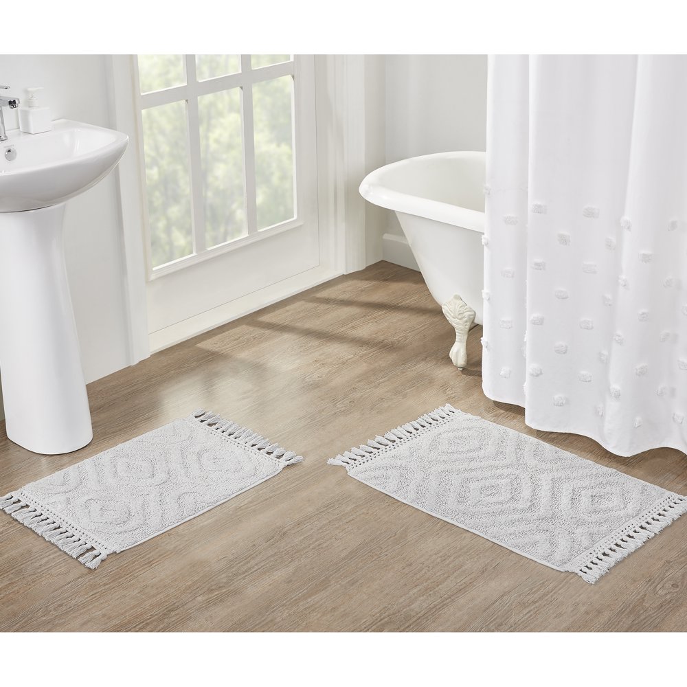 Better Homes & Gardens Geometric Fringe Cotton Bath Rug Set, 2 Pieces, Grey